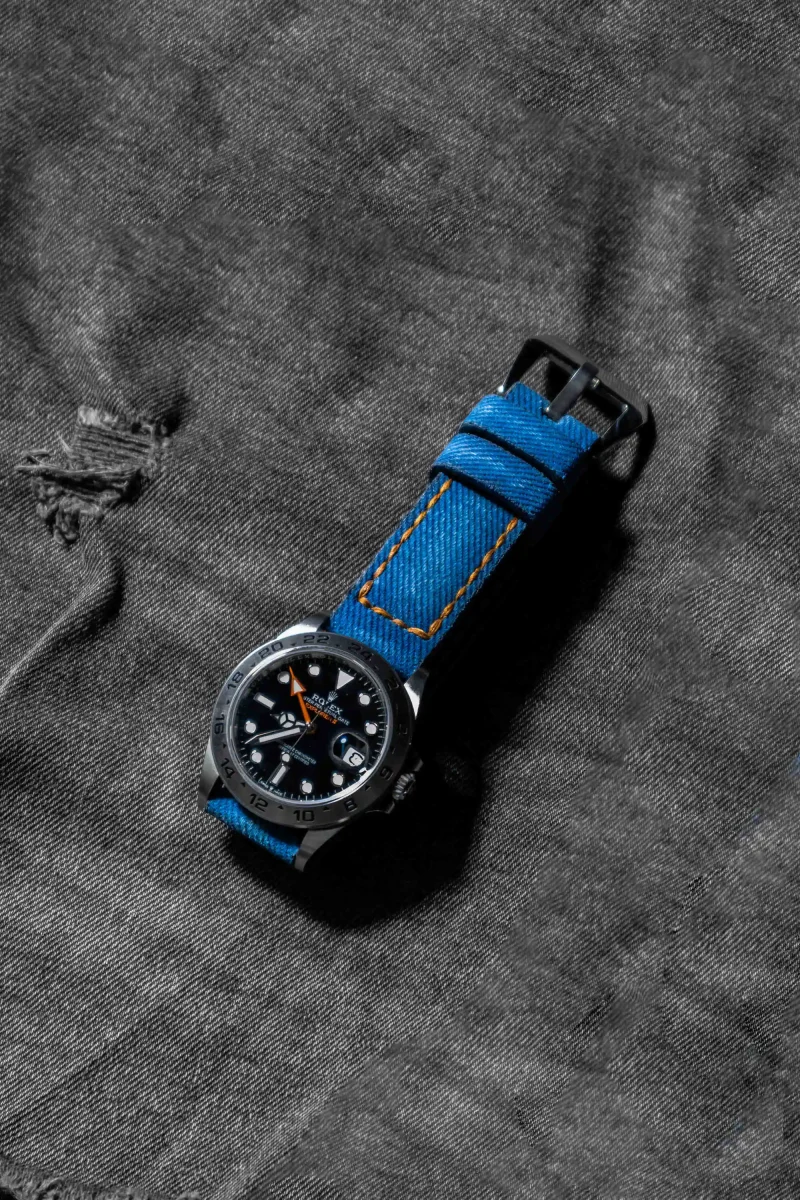 Canvas Blue No. 6 Strap on Rolex Explorer II by Gunny Straps