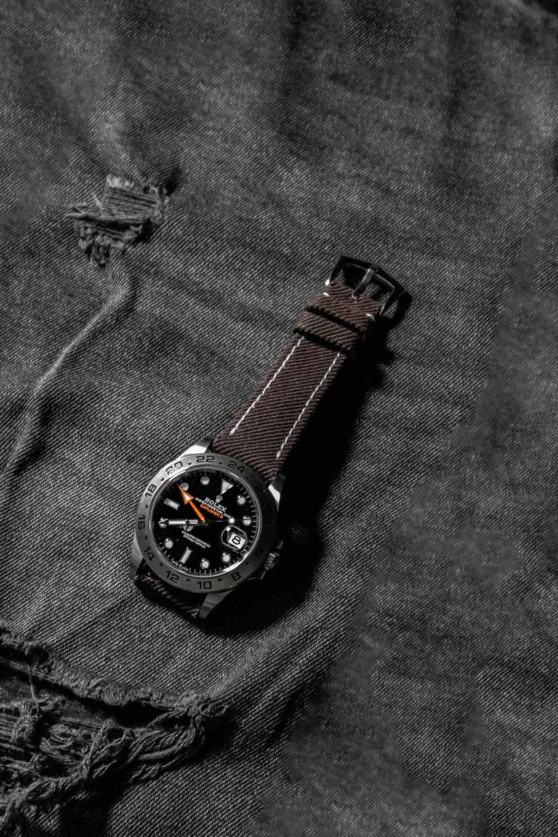 Dark Brown Denim Strap on Rolex Explorer II by Gunny Straps