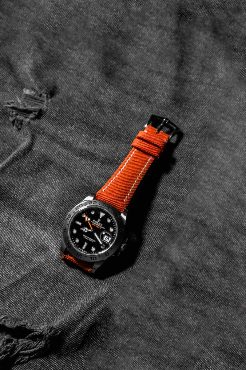Orange Denim Strap on Rolex Explorer II by Gunny Straps
