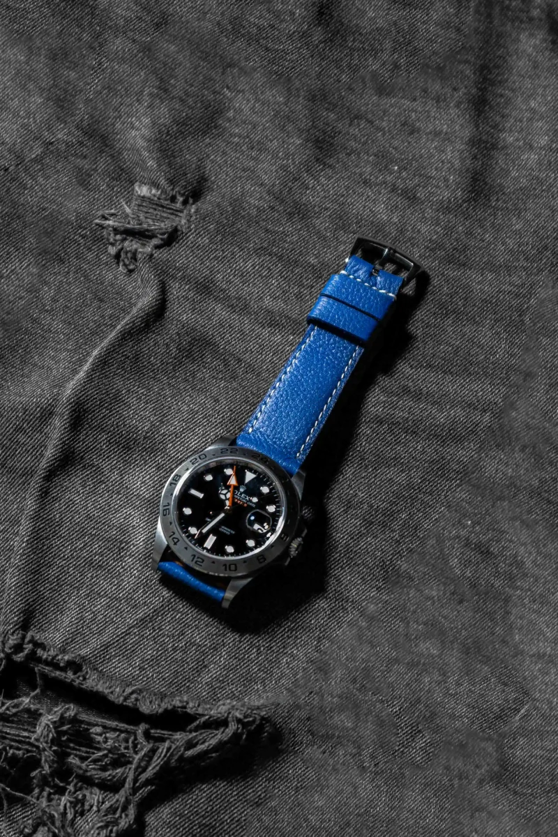 Pebble Blue Strap on Rolex Explorer II by Gunny Straps
