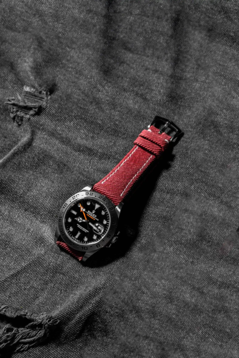Red Denim Strap on Rolex Explorer II by Gunny Straps
