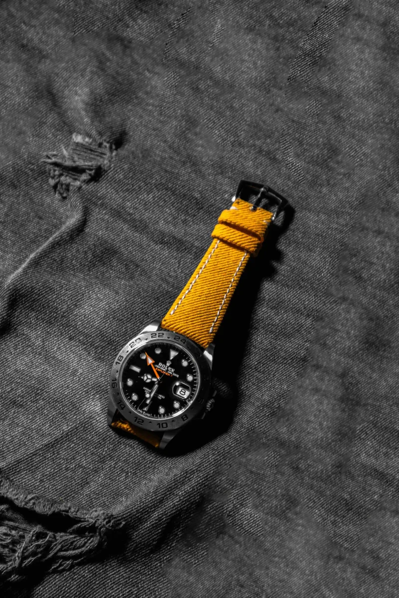 Yellow Denim Strap on Rolex Explorer II by Gunny Straps