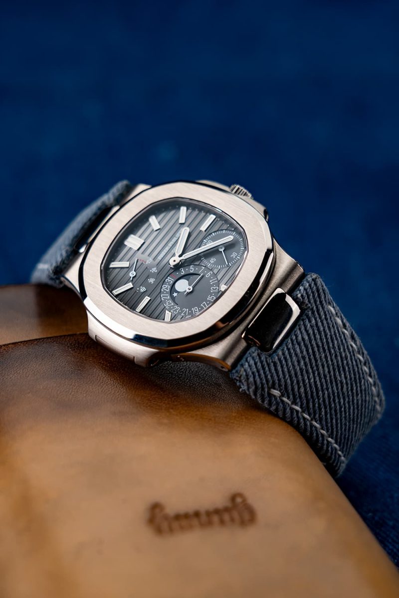 Opaline Blue Denim Strap on Patek Nautilus by Gunny Straps