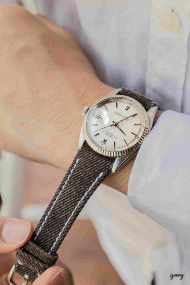 Dark Brown Denim Watch Strap on Rolex Datejust by Gunny Straps