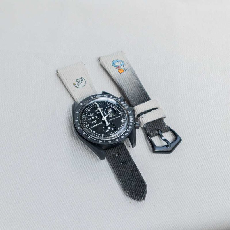 White Black Two Tone Denim Strap with Snoopy on Omega moonswatch by Gunny Straps