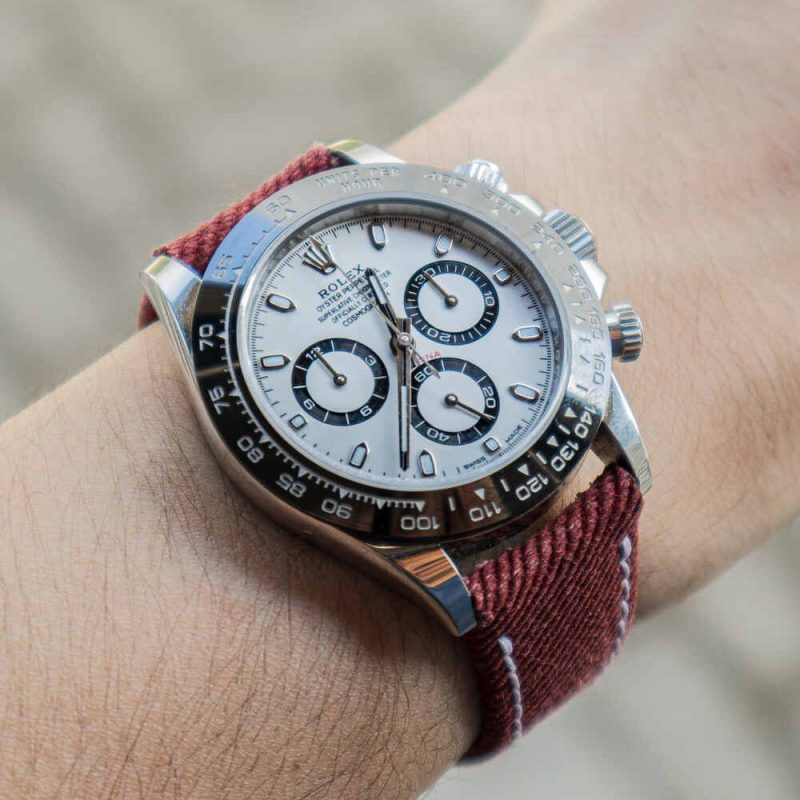 Red Denim Strap on Rolex Daytona Ceramic by Gunny Straps
