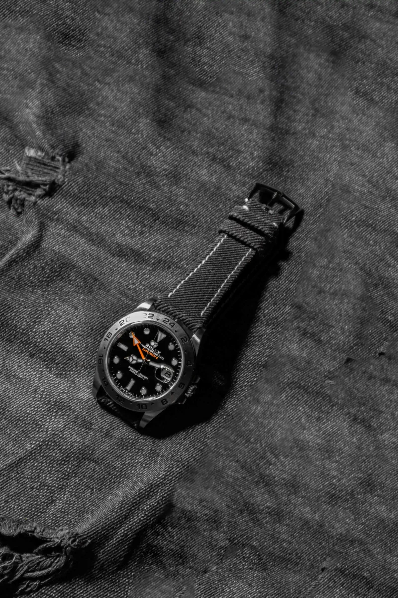 Black Denim Strap on Rolex Explorer II by Gunny Straps