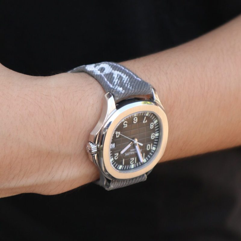 Grey Calli Denim Strap on Patek Philippe Aquanaut by Gunny Straps