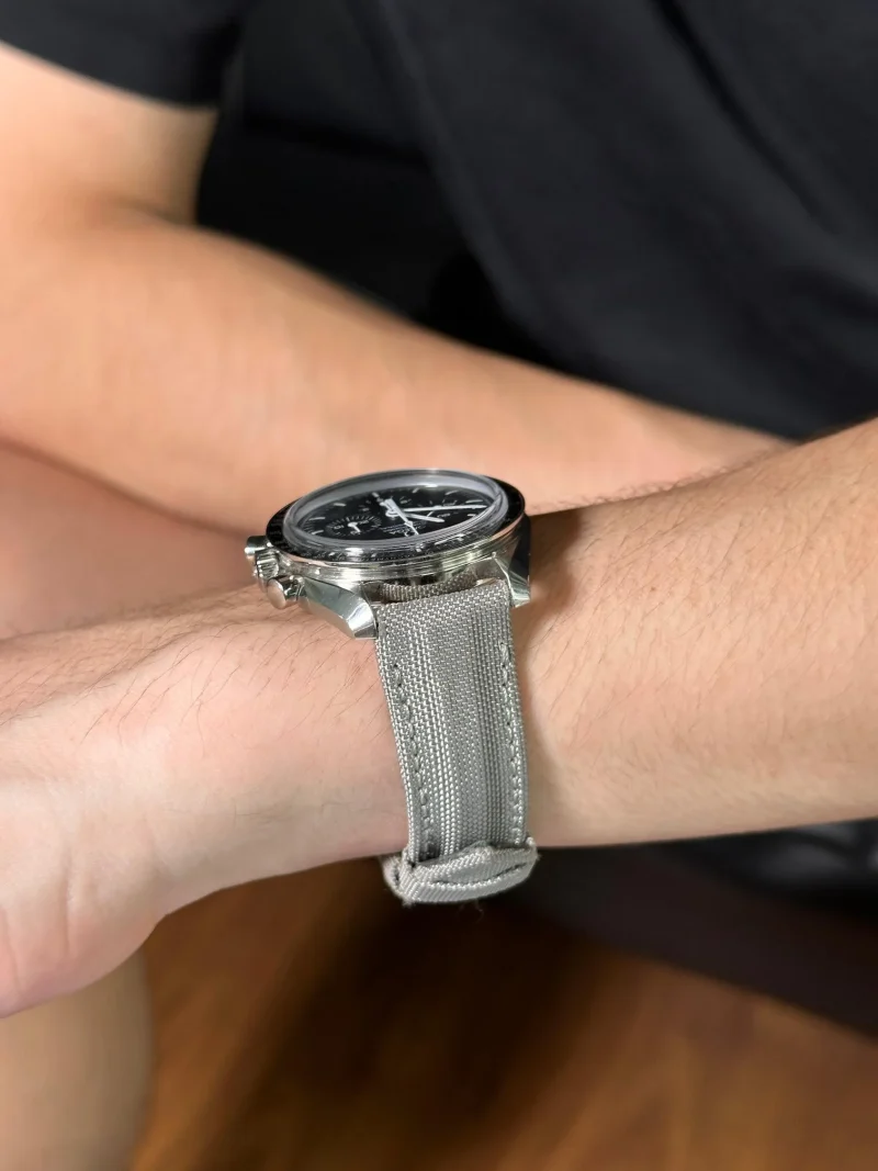 Kevlar Light Grey Strap on Omega Speedmaster by Gunny Straps