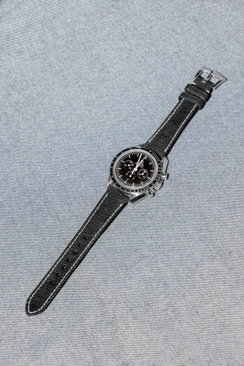 Black Denim Strap on Omega Speedmaster by Gunny Straps