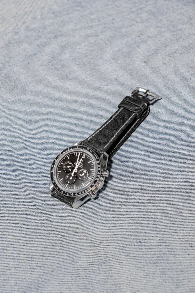 Black Denim Strap on Omega Speedmaster by Gunny Straps