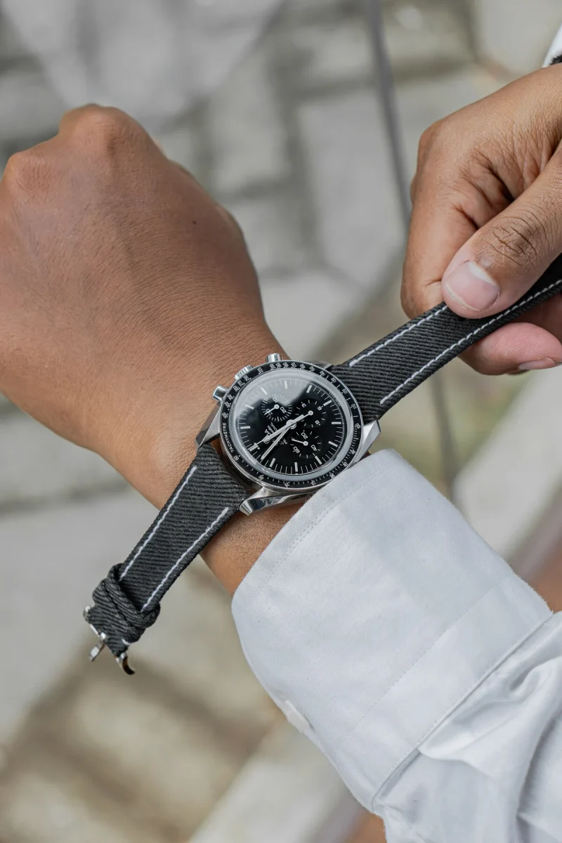 Black Denim Strap on Omega Speedmaster by Gunny Straps