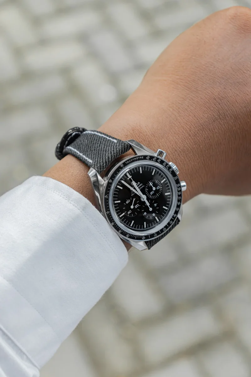 Black Denim Strap on Omega Speedmaster by Gunny Straps