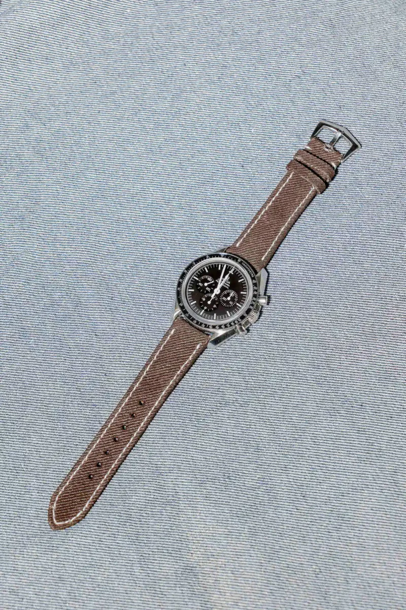 Dark Brown Denim Strap on Omega Speedmaster by Gunny Straps
