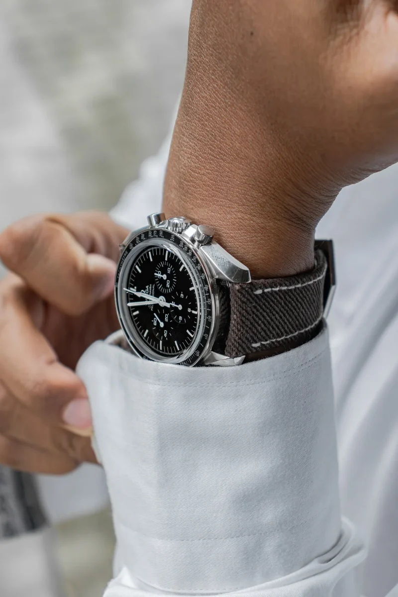 Dark Brown Denim Strap on Omega Speedmaster by Gunny Straps