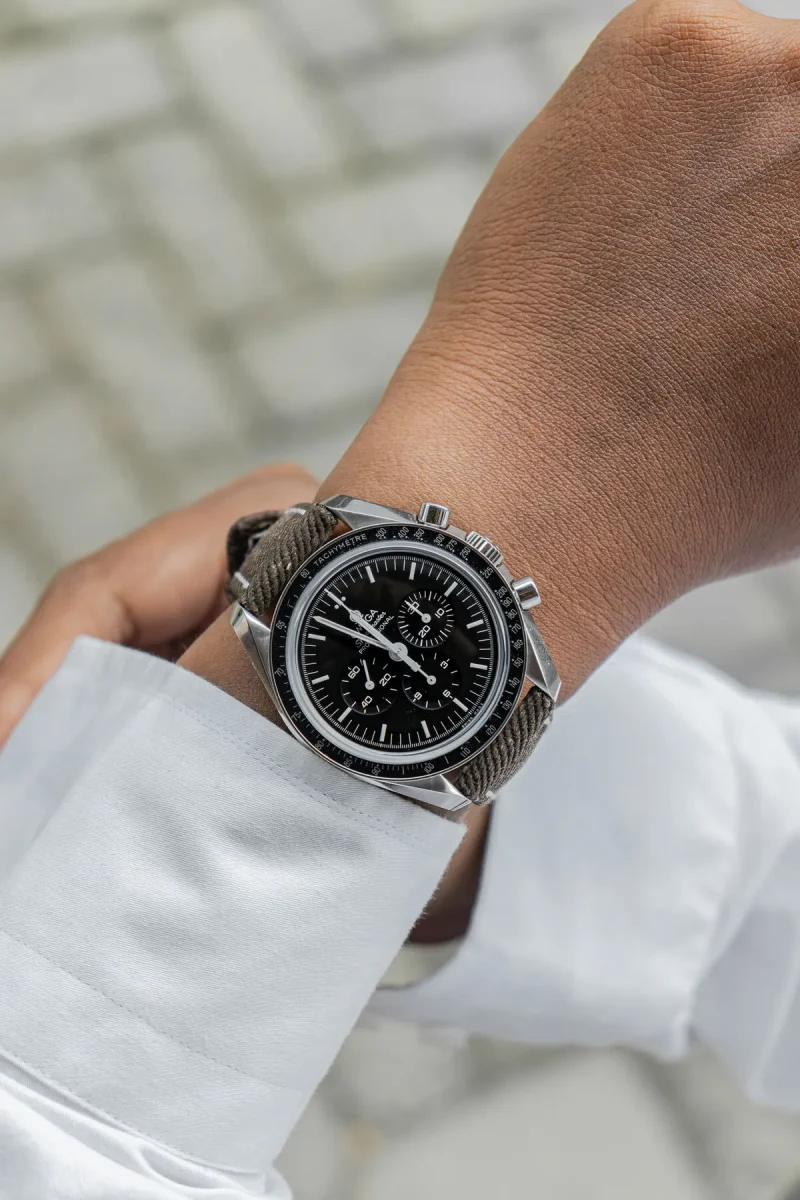 Dark Brown Denim Strap on Omega Speedmaster by Gunny Straps
