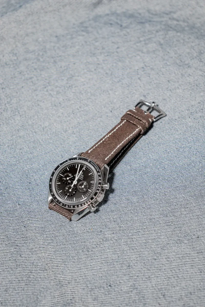 Dark Brown Denim Strap on Omega Speedmaster by Gunny Straps