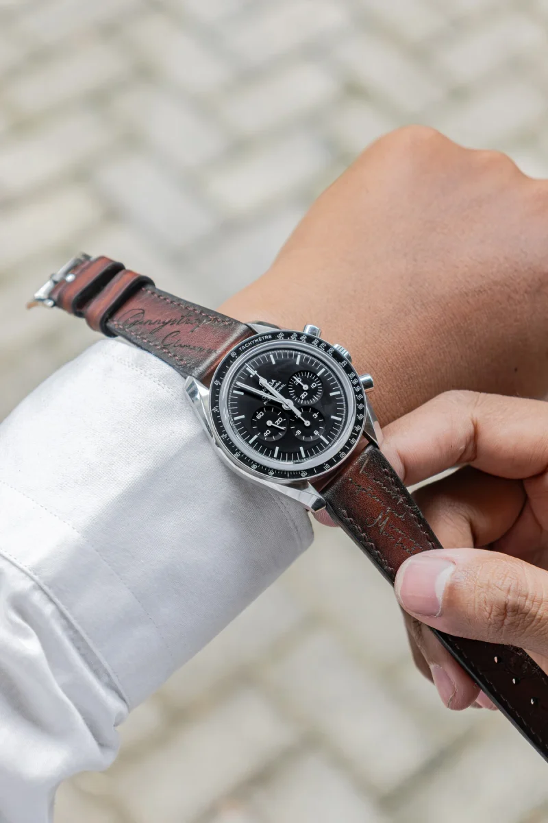 Dark Brown Patina Scritto Strap for Omega Speedmaster by Gunny Straps