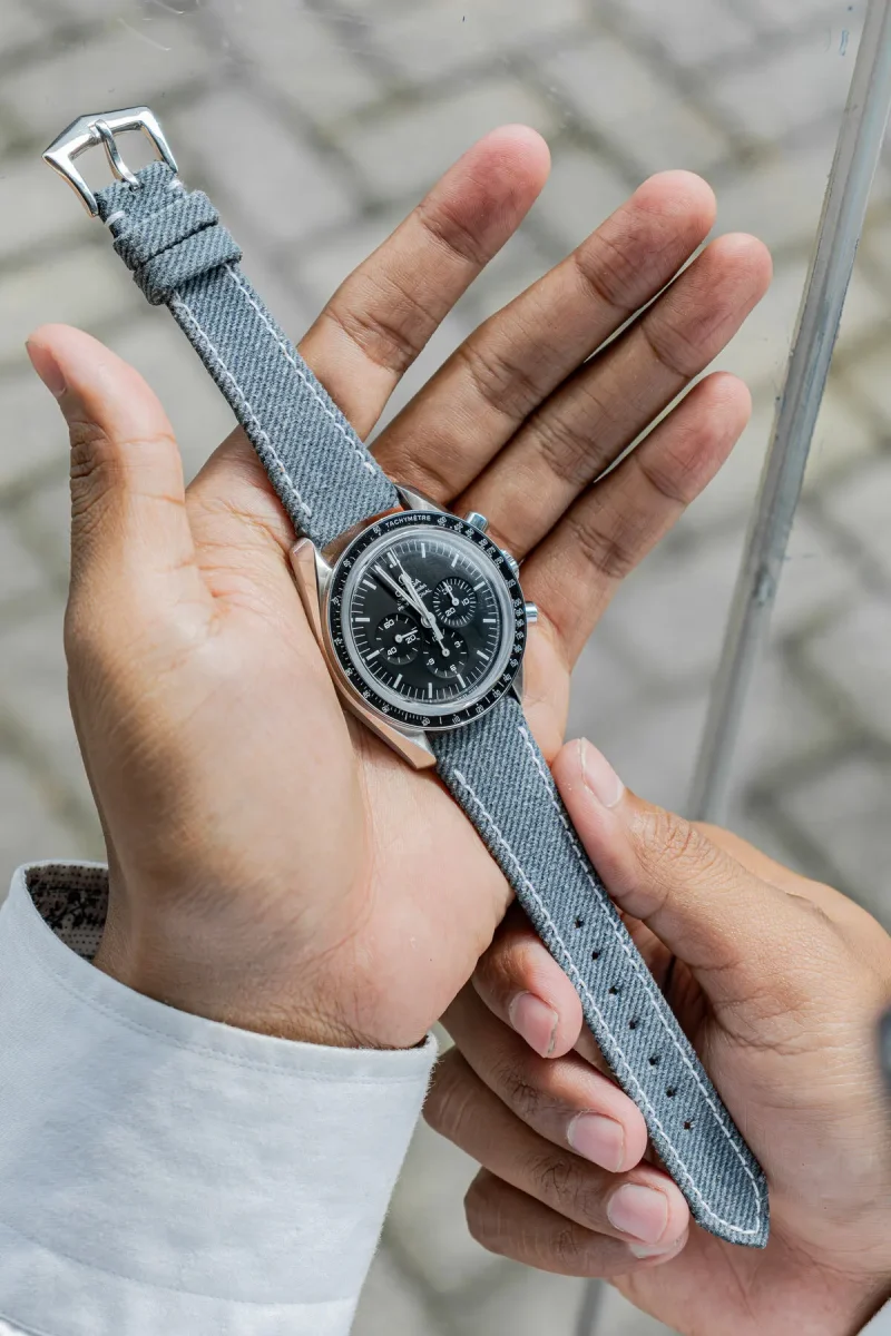 Opaline Blue Denim Strap on Omega Speedmaster by Gunny Straps