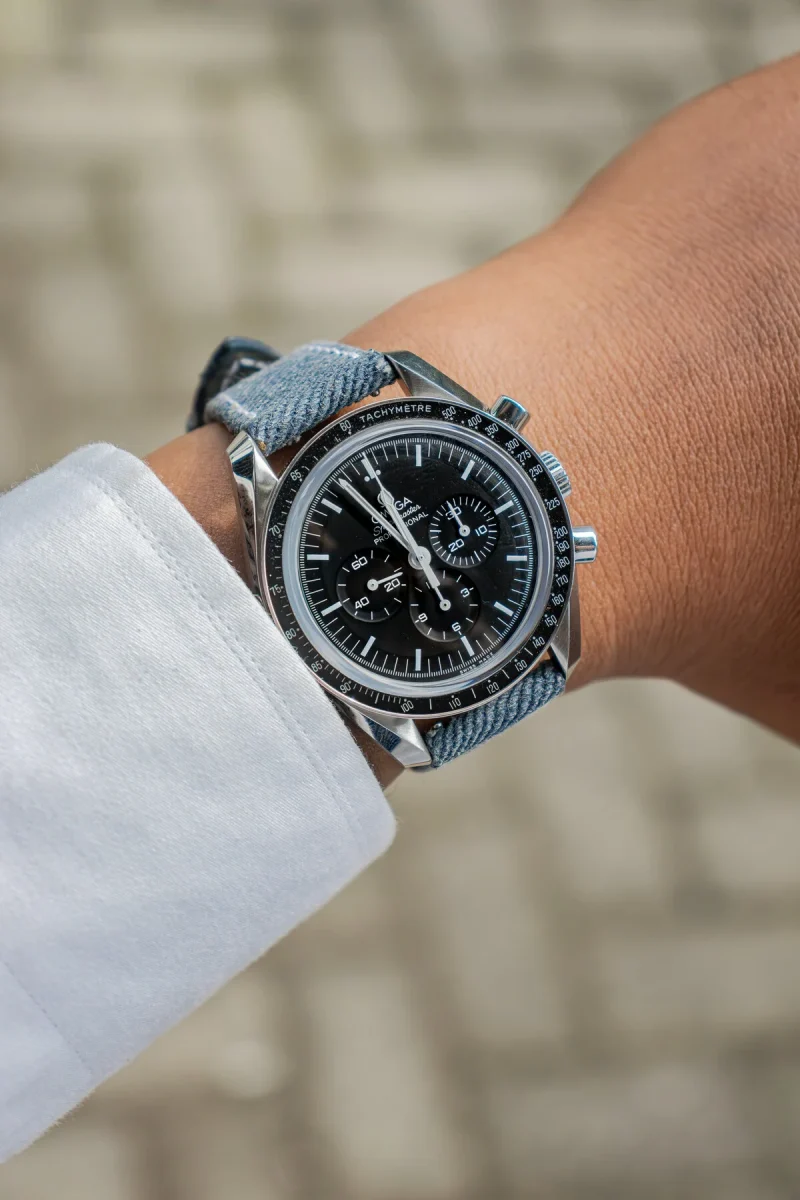 Opaline Blue Denim Strap on Omega Speedmaster by Gunny Straps