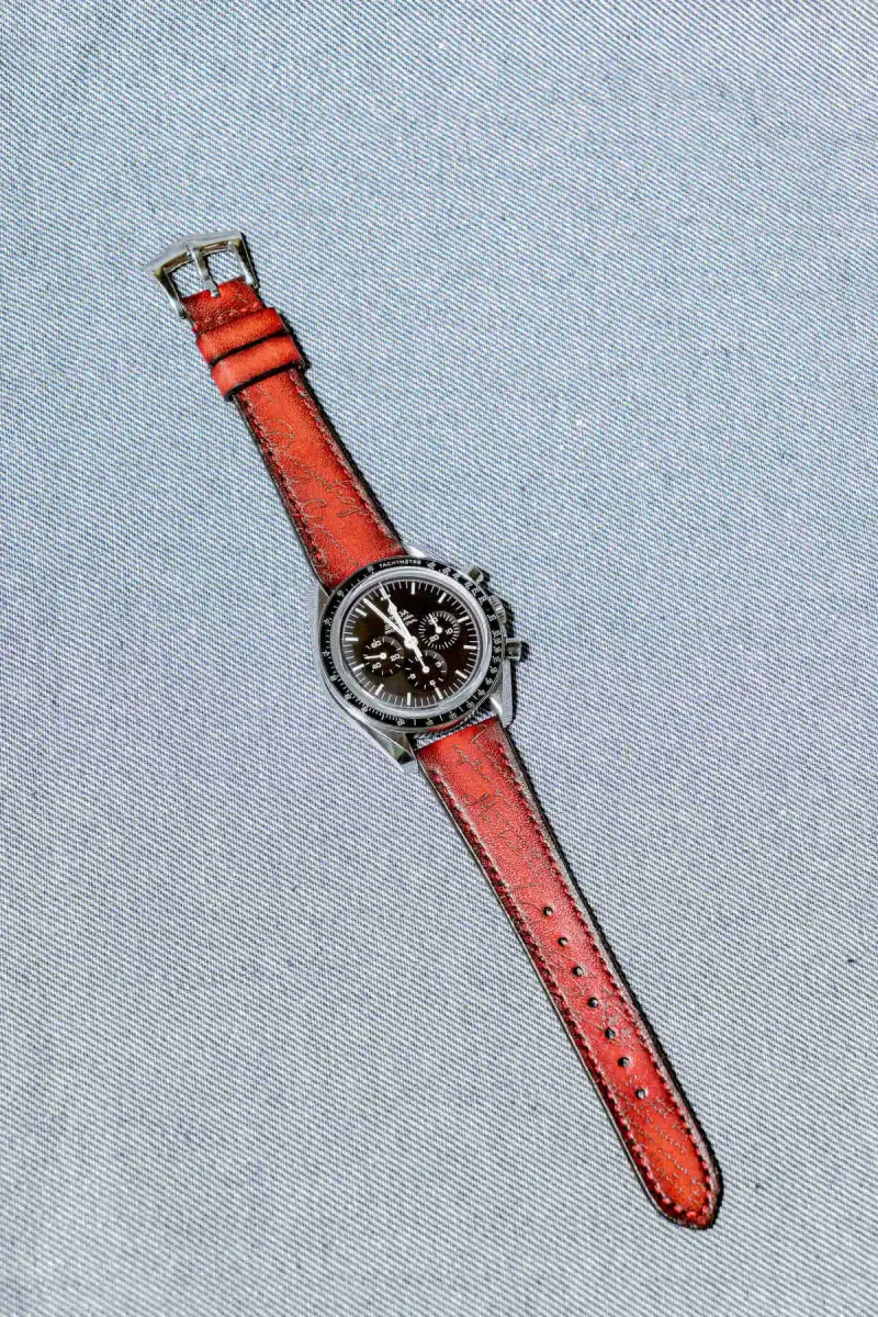 Red Patina Scritto Strap for Omega Speedmaster by Gunny Straps