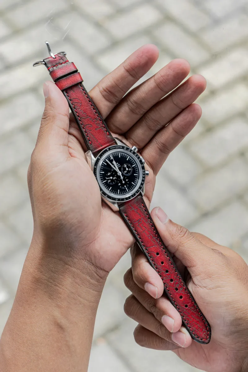 Red Patina Scritto Strap for Omega Speedmaster by Gunny Straps