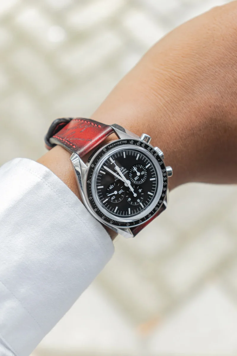 Red Patina Scritto Strap for Omega Speedmaster by Gunny Straps