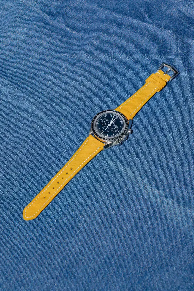 Yellow Denim Strap on Omega Speedmaster by Gunny Straps