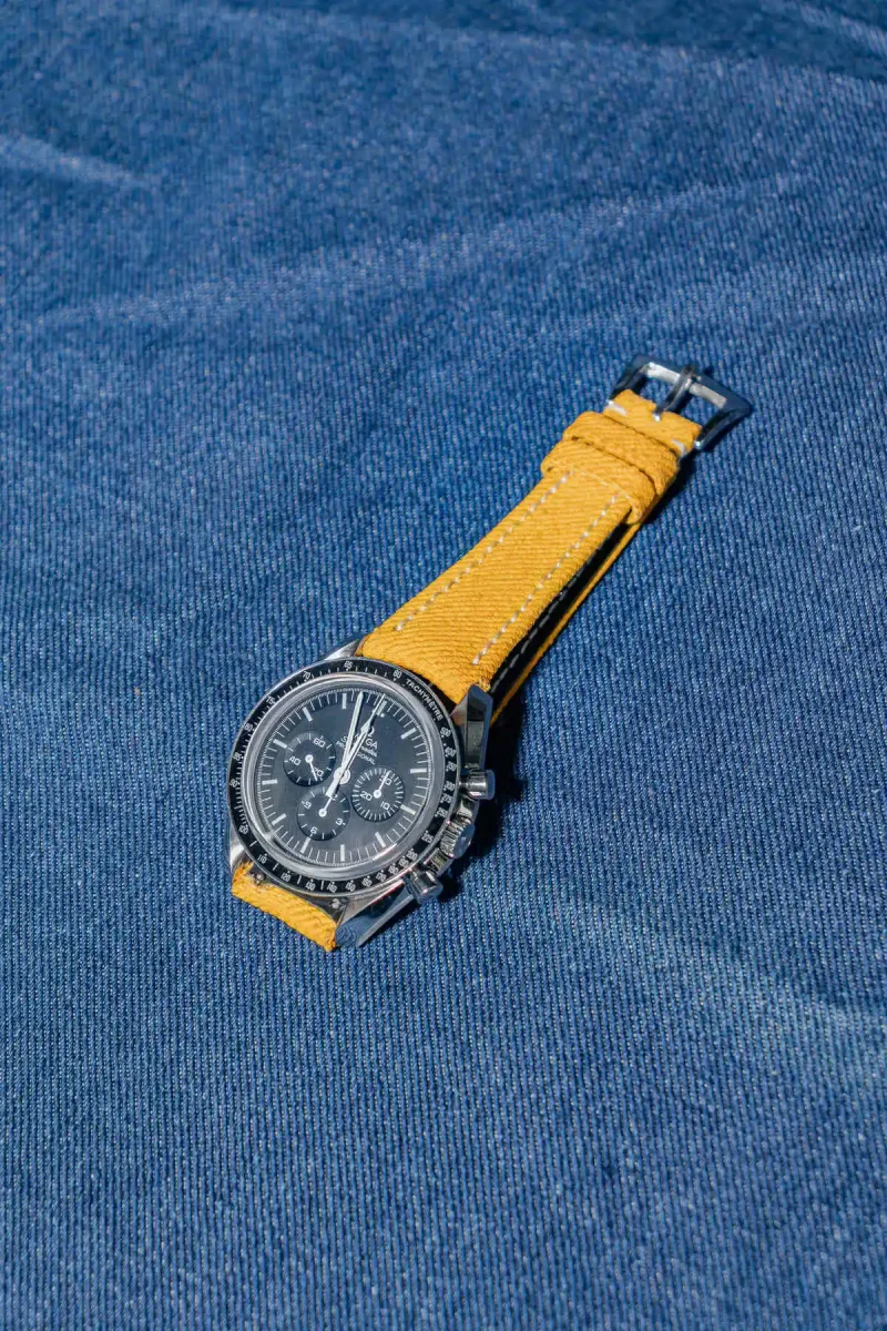 Yellow Denim Strap on Omega Speedmaster by Gunny Straps