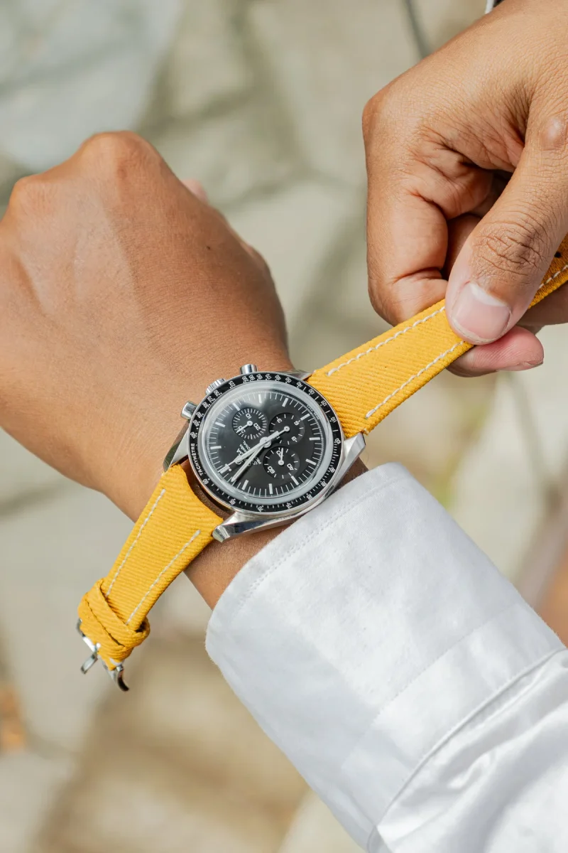 Yellow Denim Strap on Omega Speedmaster by Gunny Straps