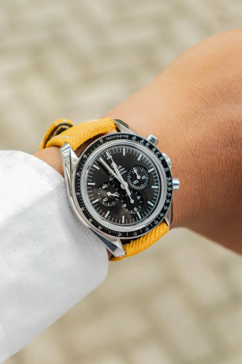 Yellow Denim Strap on Omega Speedmaster by Gunny Straps