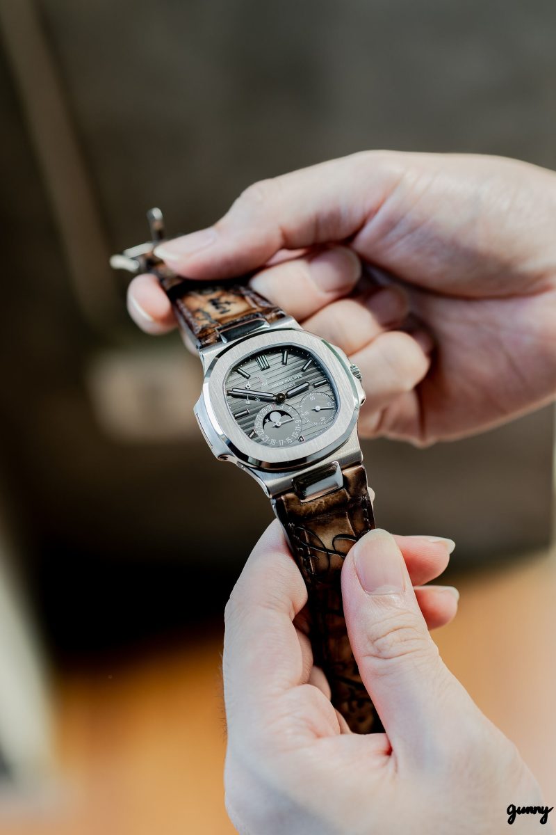 Beaver Croco Strap on Patek Philippe Nautilus by Gunny Straps