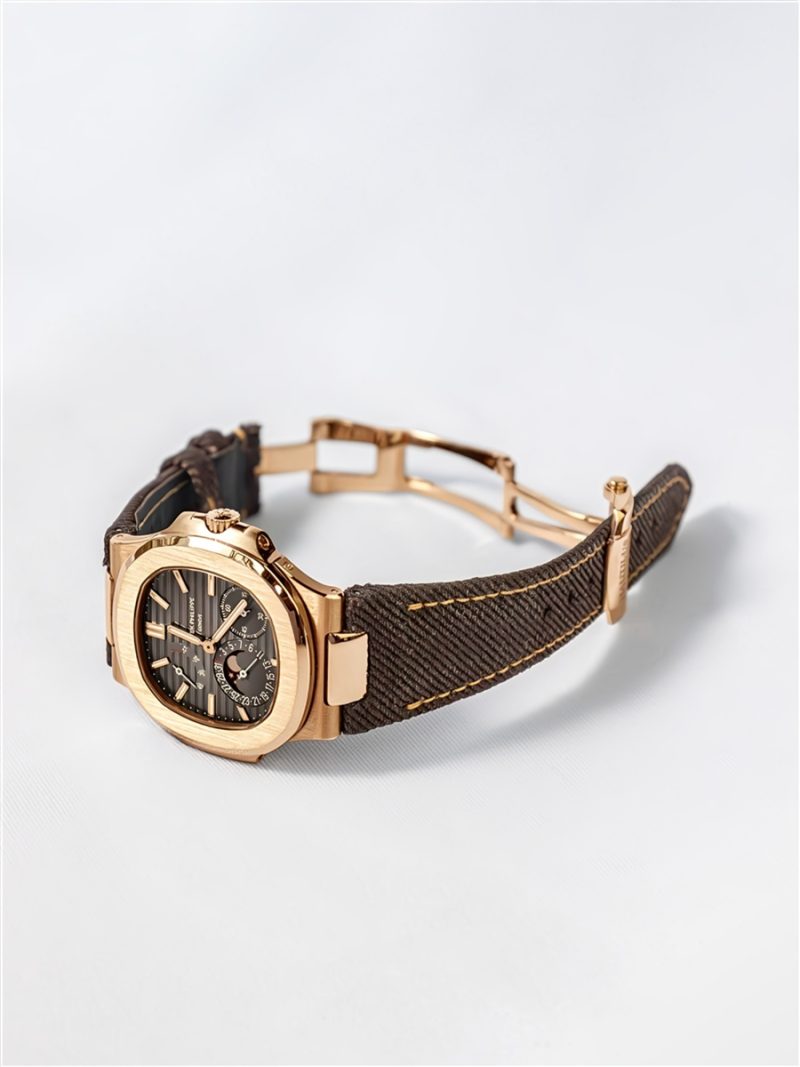 Dark Brown Denim Strap on Patek Philippe Nautilus Rose Gold by Gunny Straps