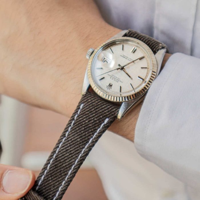 Dark Brown Denim Watch Strap on Rolex Datejust by Gunny Straps