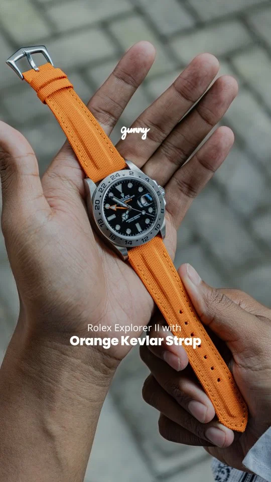 Looking to add a fresh and unique touch to your timepiece?Pair your Rolex Explorer II with our Orange Kevlar Strap. This combination infuses vibrancy and distinctiveness, setting your watch apart. Our Kevlar series offers durability and style, perfect for any occasion..Discover our Kevlar series on our website and find your perfect match for your favorite timepieces.#handcrafted #watchstrap #gunnystraps #strapforrolex