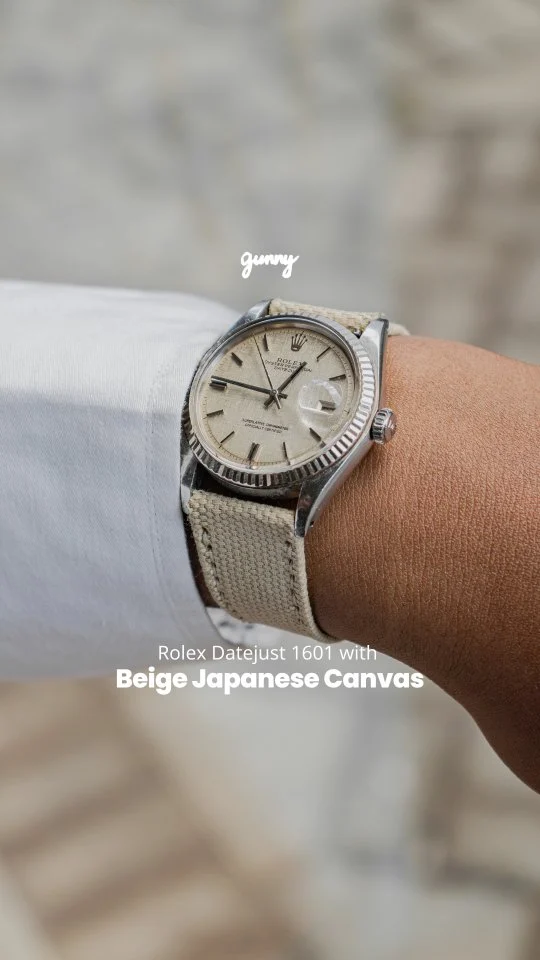 Looking to add a casual touch to your classic timepiece?We Pair our Rolex Datejust 1601 with the Beige Japanese Canvas Strap. This combination infuses a relaxed vibe into your classic watch, making it adaptable for different occasion.Explore our Japanese Canvas Series on our website and find the perfect match for your favorite timepiece#handcraft #watchstrap #gunnystraps #strapforrolex