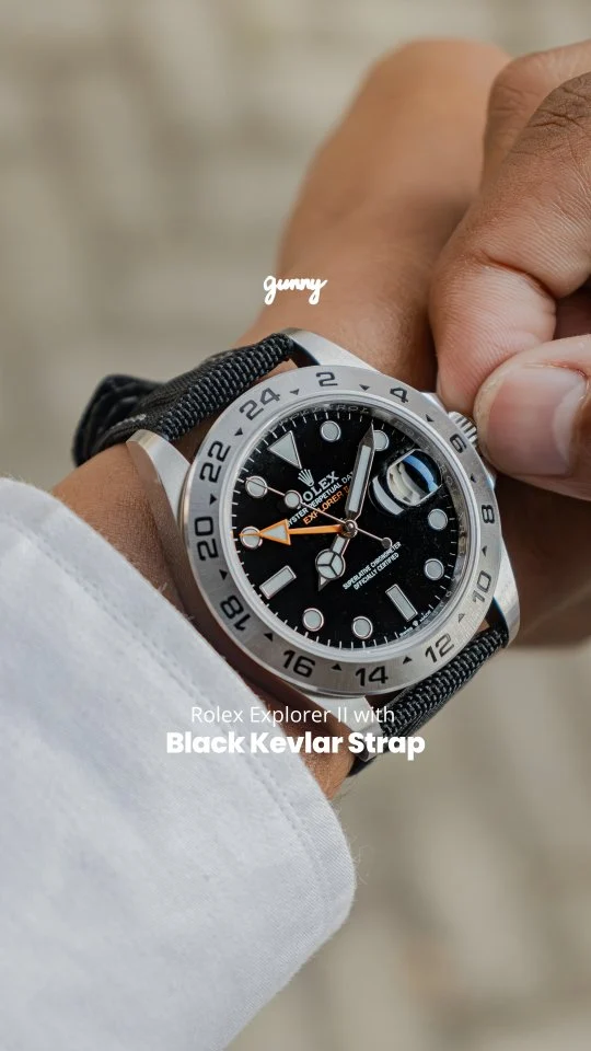 Looking for a casual elegant matchup for your sporty watches?We Enhance our Rolex Explorer II with the Black Kevlar Strap. a perfect fusion of sporty, casual, and adaptive design, tailored for your active lifestyle. This combination not only makes your timepiece more eye-catching and elegant but also complements most outfit and occasion.Discover our Kevlar Series on our website or just simply DM us to customize yours.#handcrafted #watchstrap #gunnystrap #rolexstrap